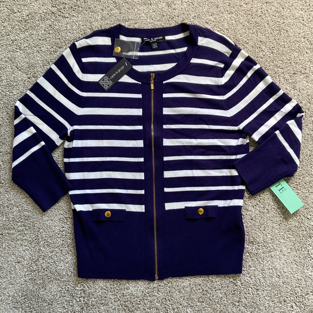 Cable & Gauge • Navy and White Striped Zip Up Cardigan